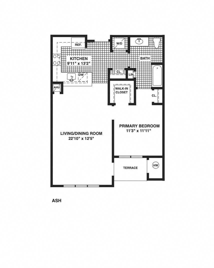 Floor plan for 1 bed, 1 bath, 932 sqft